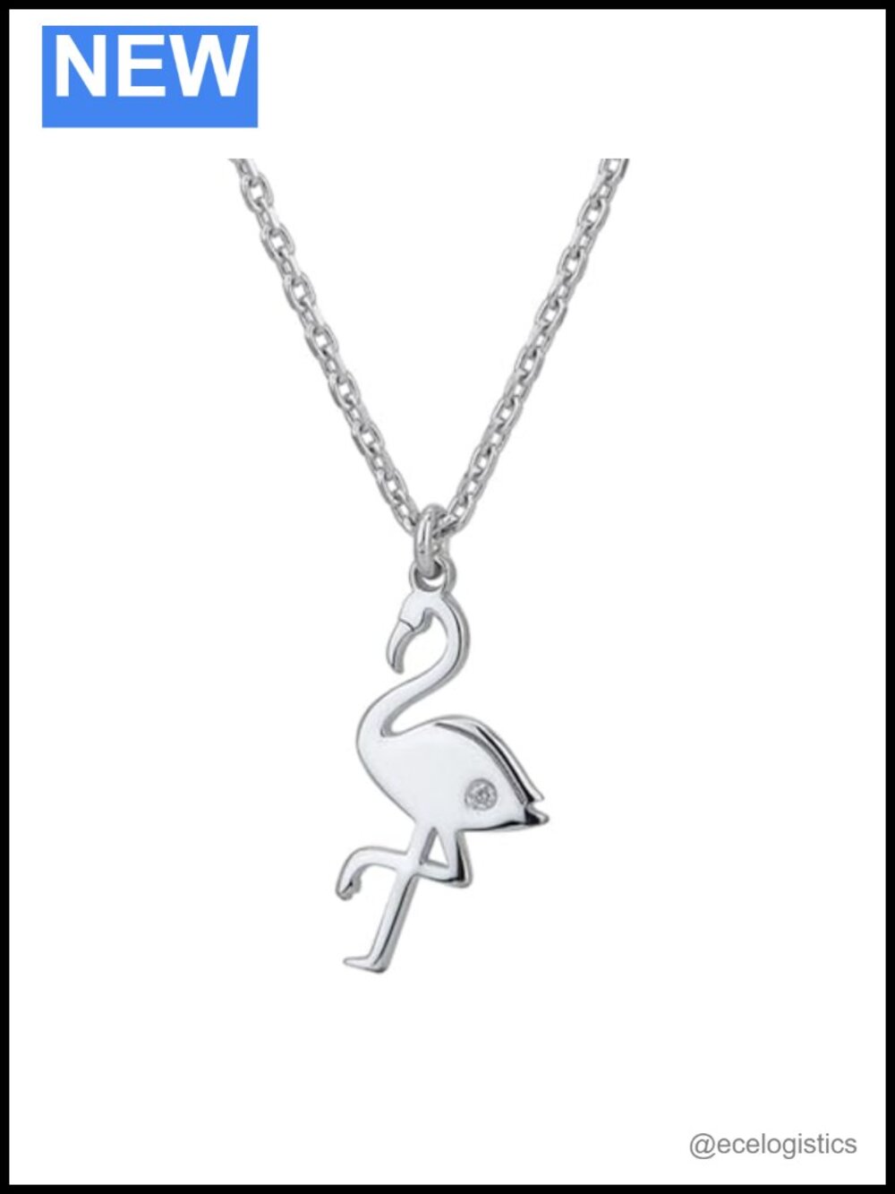 Genuine 925 Sterling Silver Rhodium Plated Flamingo Pendant Necklace Diamond